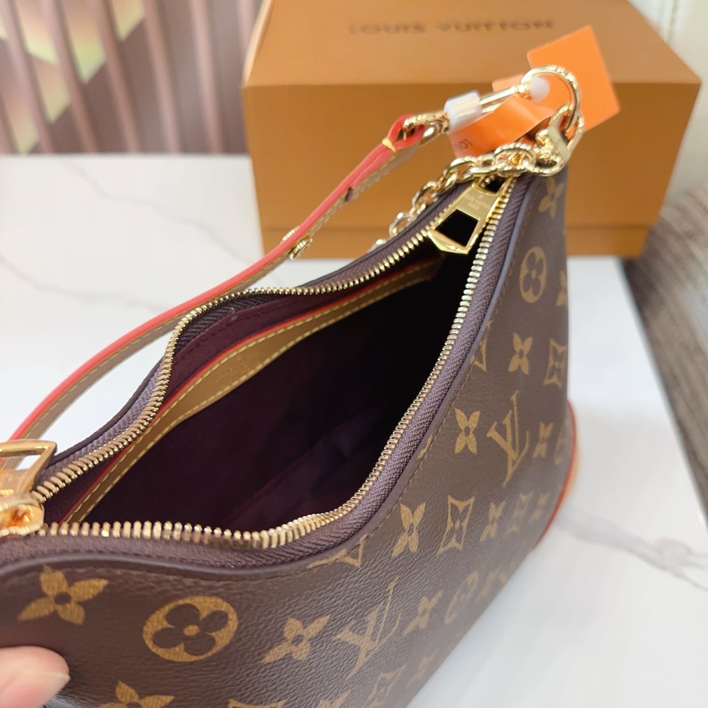 LV Boulogne Monogram Canvas Shoulder Crossbody Bag with Chain Strap and Leather Corners (27 x 9 x 16) cm