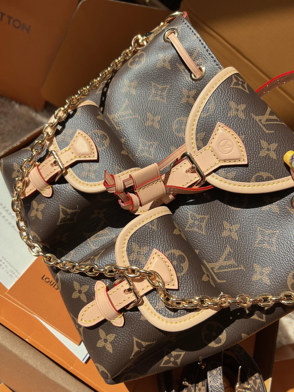 LV Excursion PM Monogram Canvas Backpack Shoulder Bag with Leather Trim and Drawstring Closure (21 x 23 x 10) cm